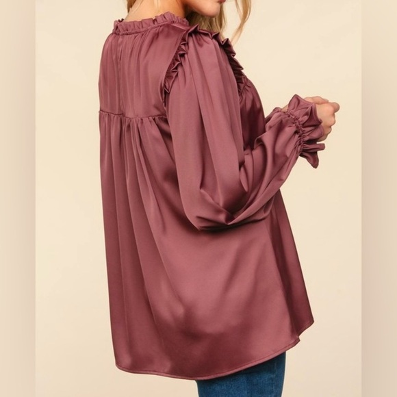 Mock Neck Satin Woven Blouse Chestnut - Picture 4 of 4
